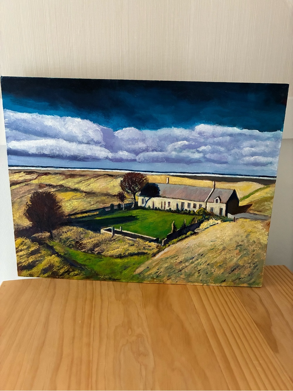 Landscape Oil Painting - Coastal Cottage in Blue and Green